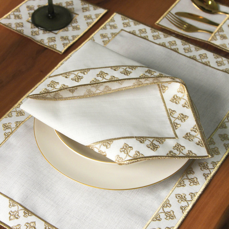 Embroidered White Linen Placemats with Gold Scrollwork – 24pc Elegant Table Mats Set for 6 Person | Islamic Decorative Dining Linens