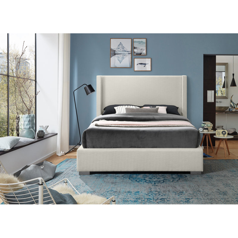 Royce Solid Wood and Upholstered Platform Bed, Queen, Beige Linen Textured Fabric