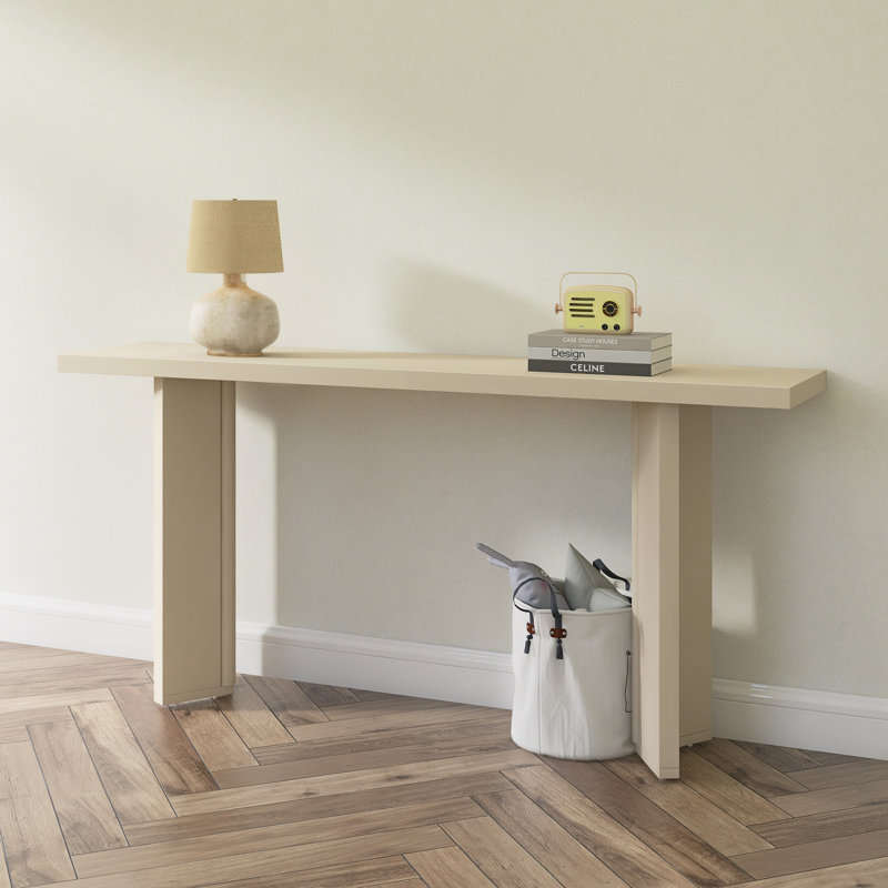 Élégante console avec placage de pin et pieds géométriques, Beige