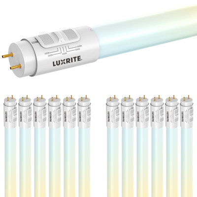 LUXRITE 2FT LED Tube Light, T8, 8W=17W, 5CCT 3000K- 6500K, 960LM, 320° Beam Angle, Ballast Compatible, Single Or Double End Powered, UL Listed 12 Pack