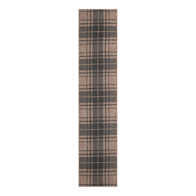 Tatasha Plaid Power Loom Polypropylene Plastic Indoor/Outdoor Area Rug in Black/Brown, Runner 2'7" x 12'
