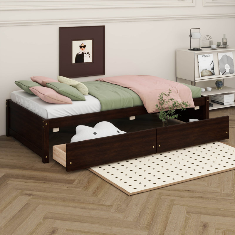 Lit simple avec 2 tiroirs, bois massif, sans sommier, Espresso