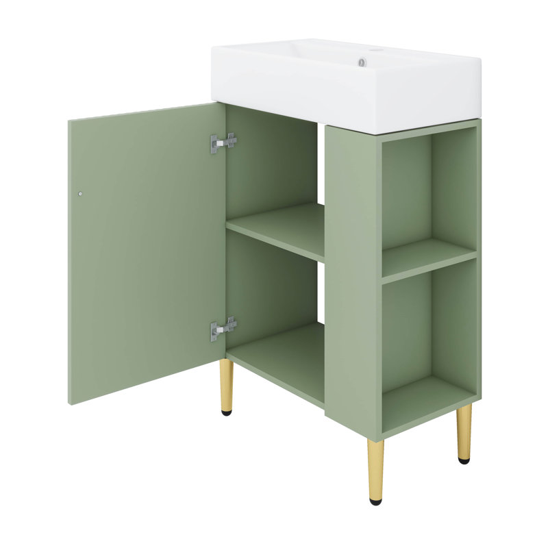 Armoire de rangement de salle de bain 21,6 "avec lavabo en céramique et rangement latéral, Vert