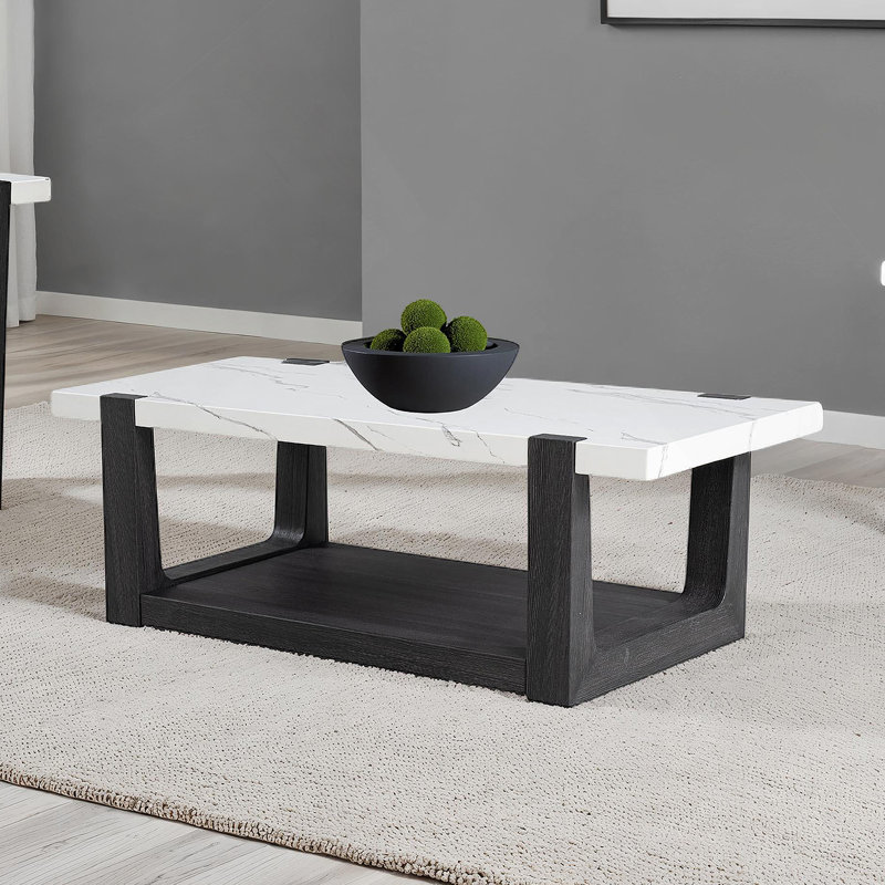 Table basse moderne 1 pièce de style contemporain avec plateau en faux marbre et deux tons au fini noir et blanc, Noir