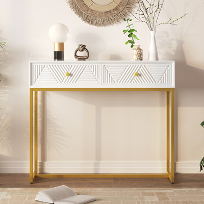 Modern console table with two storage drawers & stripe design, sleek entryway sofa table for living room & hallway, white