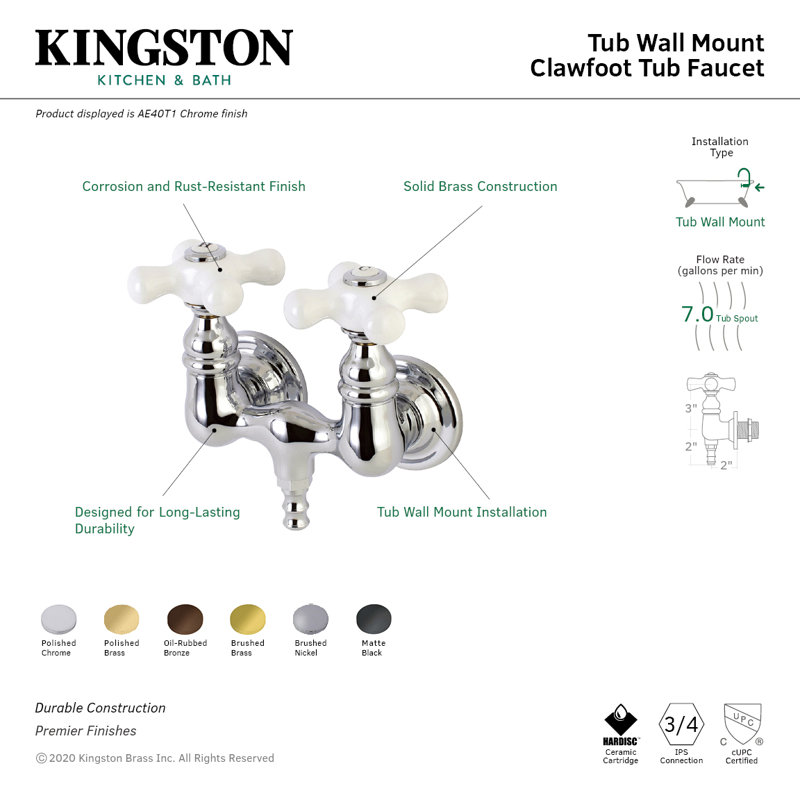 Kingston Brass Aqua Vintage Two-Handle 2-Hole Tub Wall Mount Clawfoot Tub Faucet, Oil Rubbed Bronze