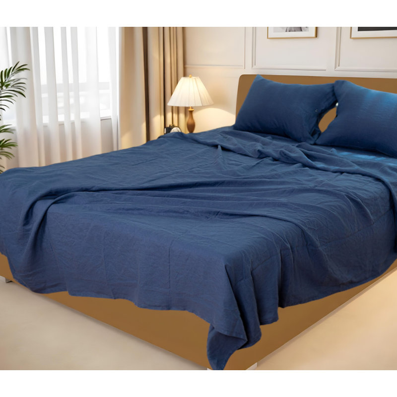Four Piece Navy Blue Linen King Sheet Set, King Sheet Set + 2 Pillowcases