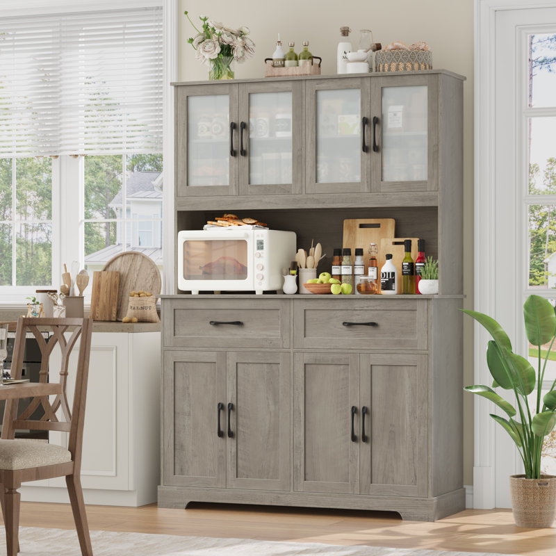 Kyale 70.9"H Stand Alone Kitchen Pantry With Microwave Shelf & Drawers, Wood Storage Pantry Cabinet With Adjustable Shelves, Wash Gray