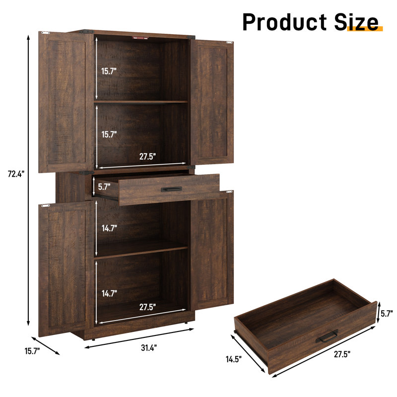 72" Farmhouse Kitchen Pantry Cabinet,4 Barn Doors, Storage Cabinet For Kitchen, Dining Room, Living Room, 1PC, Brown