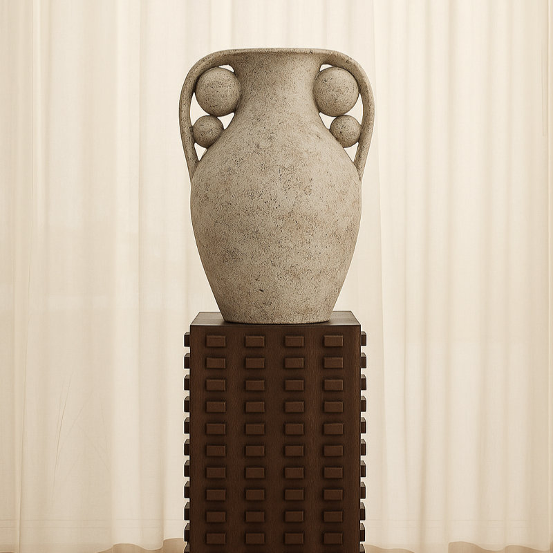 Grand vase de table rustique en terre cuite avec orbes sous les poignées - Vases contemporains pour fleurs et intérieurs décoratifs - 26 po, gris