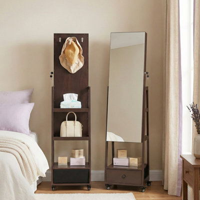 Jewelry Cabinet Standing Mirror,Full Length Mirror Jewelry Storage with Touch Screen Vanity Mirror Rotatable Jewelry Armoire Organizer Lockable with Drawers Wheels Christmas Gift for Women Rustic Brown