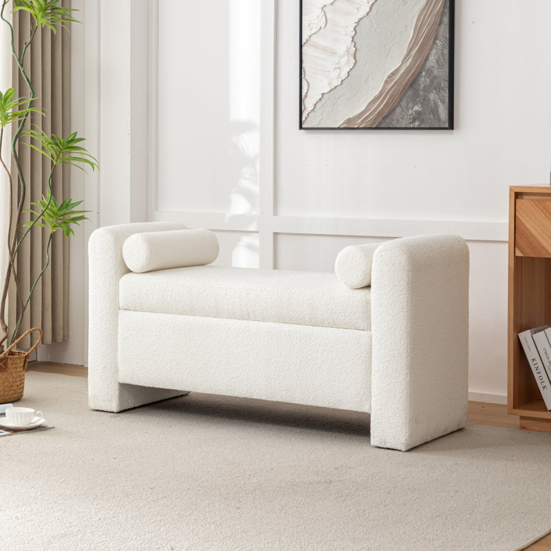 Banc de rangement rembourré en polyester Lataja, Crème, crème, H 24 po x l 57 po x P 19,7 po