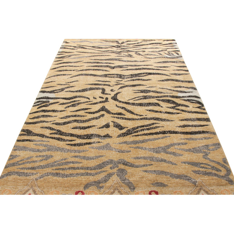 Distressed Homage Hand Knotted Wool Animal Print Area Rug in Black, Beige, Brown, Orange, Gray, Blue, Rectangle 10' x 14'