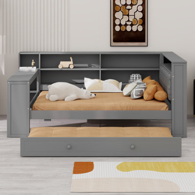 Space-Saving Platform Bed Including Storage Shelves, Trundle, Charging Station, LED, Desk and Upholstered Headboard