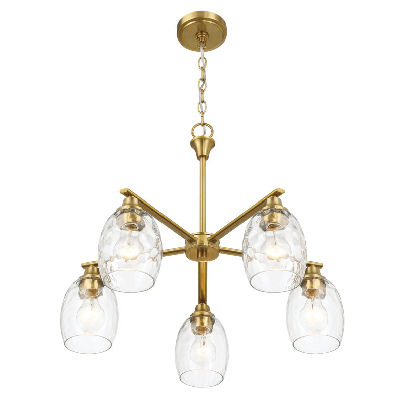 Elegance Five Lights Linear Arms with Golden Brass Finish Chain Chandelier 24"W 24.1"D 8.5"H with Clear Water Glass