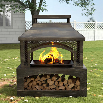 Elneta 32.28" W Steel Outdoor Fireplace with Log Storage