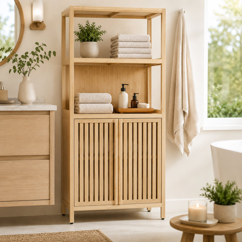 Armoire de rangement en bambou massif avec portes et tablettes ouvertes, Naturel