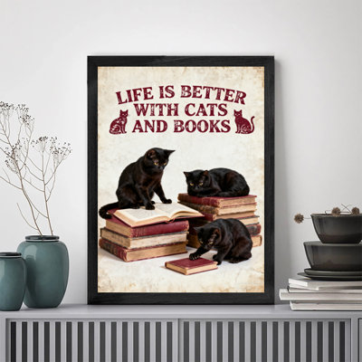 Art rétro encadré noir «LA VIE EST MIEUX AVEC CHIENS ET BOOKS»