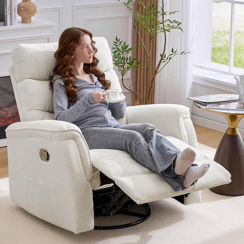 36''W Oversized Chenille Swivel Rocker Glider Recliner for Nursery Room, 26" Wide Seat with 2 Side Pocket, White