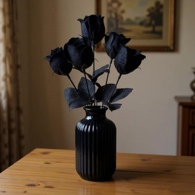 4 pièces bouquet de bourgeons de roses artificielles, fleurs d'Halloween artificielles avec feuilles noires pour la décoration extérieure