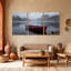 Nautique et plage, bateau rouge sur un lac calme avec montagnes brumeuses, ensemble de 3 impressions sur toile-1751210304
