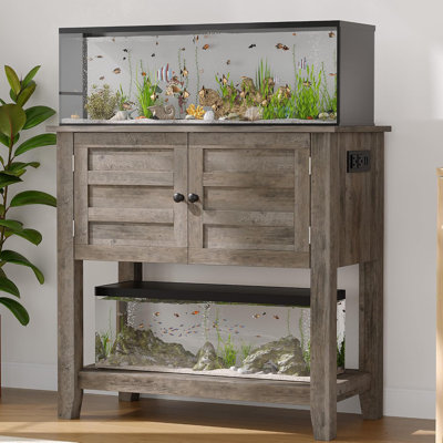 Aquarium Stand, 20-29 Gallon Fish Tank Stand Cabine | Heavy Duty Turtle Tank Stand with Charging Station Up to 660 LBS, Stable Support, Anti-Tip Device, Retro Grey