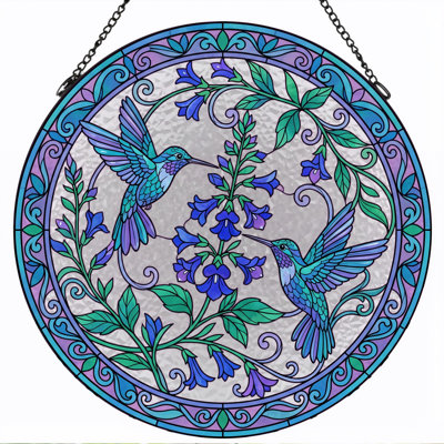 Panneau de vitrail à motif floral Colibri ， H 12 po