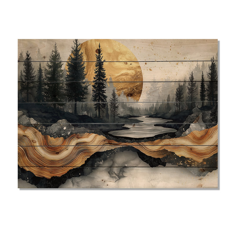 Paysage de forêt de pins sur pierre Horizon III - décoration murale bois de forêt - sur bois de pin naturel
