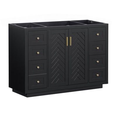 Meuble-lavabo classique de 122 cm (48 po), base autoportante en MDF avec 6 tiroirs et 2 portes à fermeture douce, meuble de rangement noir avec poignées dorées, meuble seul (sans lavabo).