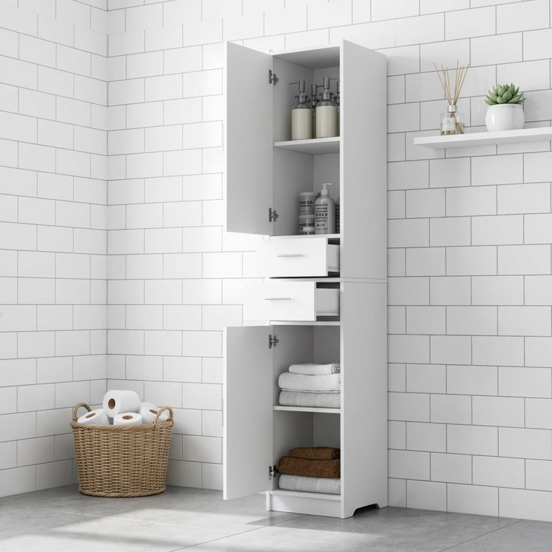 Tall Bathroom Storage Cabinet with Two Doors and Two Drawers, Adjustable Shelves, Slim Floor Storage Unit