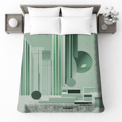 Geometric Green Shapes Quilted Bedspread All Sizes