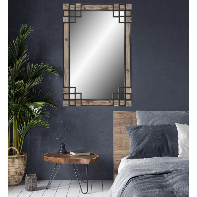 Levasy Wood Flat Wall Mirror, Espresso Wood Black Iron