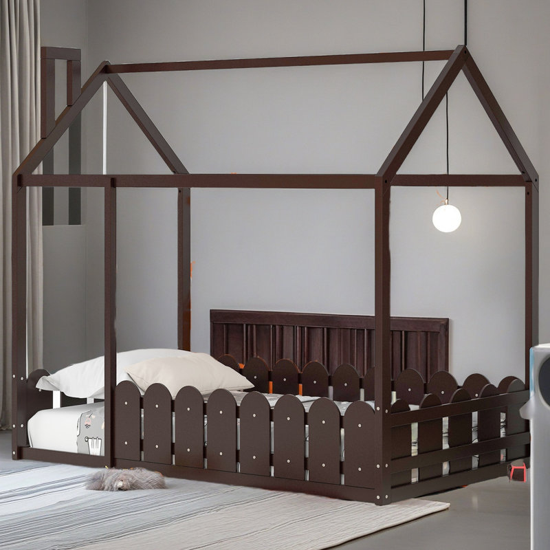 Twin Size Wood Bed House Bed Frame With Fence, Espresso
