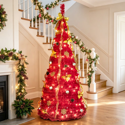 Pre-Decorated Pre-Lit Red Slim Artificial Christmas Tree