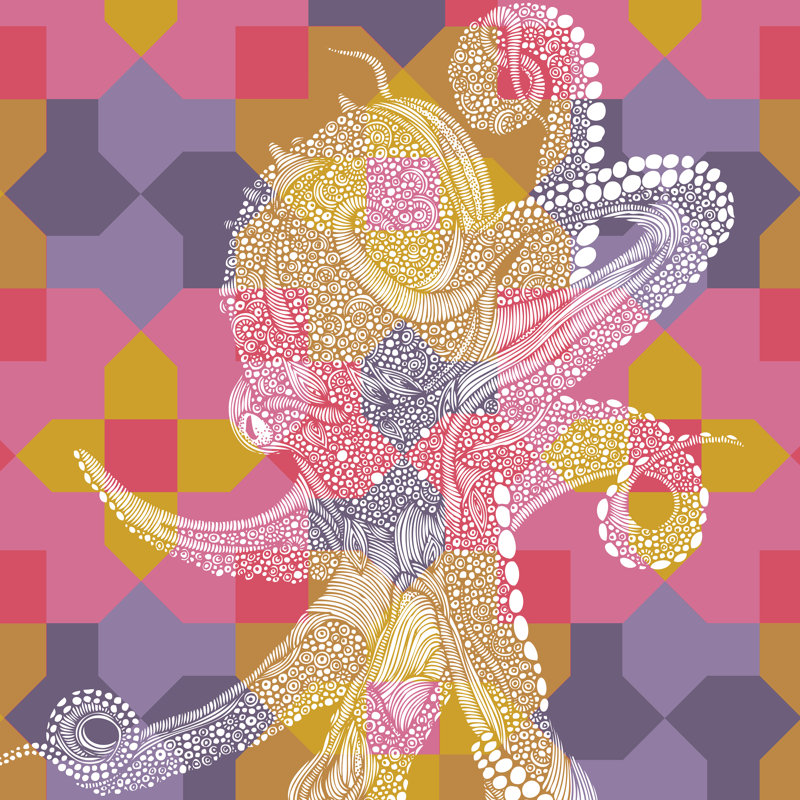 Geo Octopus - impression sur toile tendue, H 30 po x l 30 po, No, Cadre flottant noyer