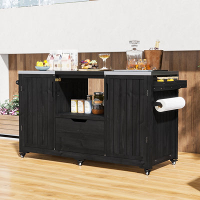 Chariot de cuisine d'extérieur en bois de sapin avec tablettes réglables, plateau en acier inoxydable, grand rangement et roulettes