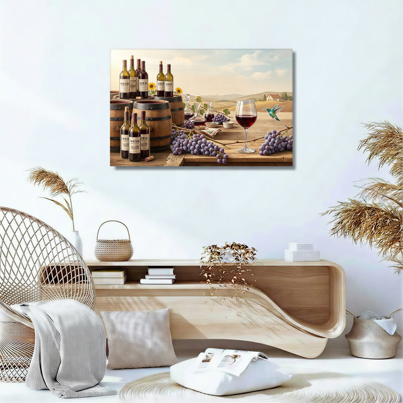 Bouteilles de vin, barils en bois, raisins violets, vignoble : tableau sur toile, H 20 po x l 30 po