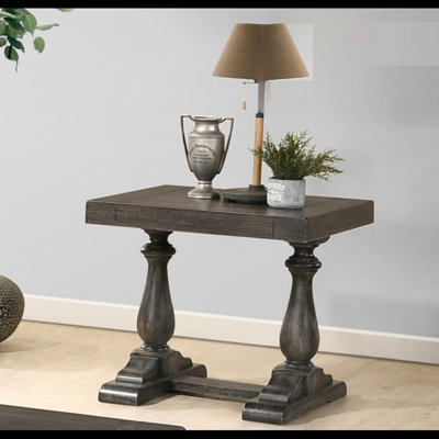 Transitional Wood End Table In Driftwood, Living Room Solid Wood Sofa Side Table