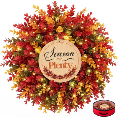 Couronne pré-éclairée d'automne d'automne pour la porte d'entrée, couronne en fausse feuille d'érable fabriquée à la main avec panneau de bienvenue et sac de rangement, décor de récolte saisonnière pour le porche, le vestibule, la fenêtre, le mur, l'Action de grâce et la décoration intérieure