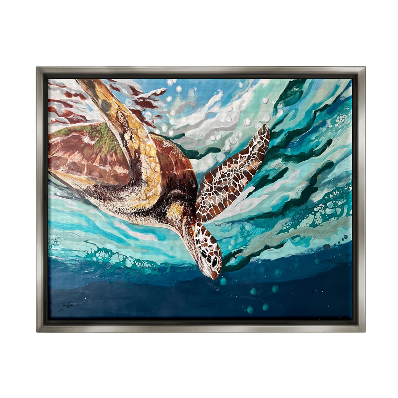 «Splashing Sea Turtle Diving Under Ocean Surface» par Stacy Gresell - Peinture, H 17 po x l 21 po x P 1,7 po