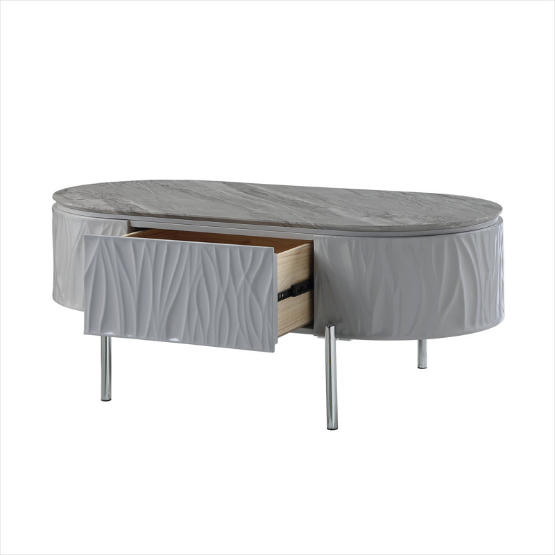 Table basse avec tiroir et tablette en gris doux ultrabrillant, pieds chromés, pour le salon