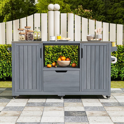 Outdoor Kitchen Grill Cart with Adjustable Shelves, Stainless Steel Top and Dual Storage Cabinets