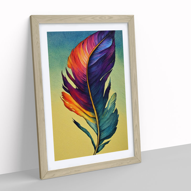 Colourful Feather No.5 - Wall Art, 48cm H x 36cm W, Oak Framed, White