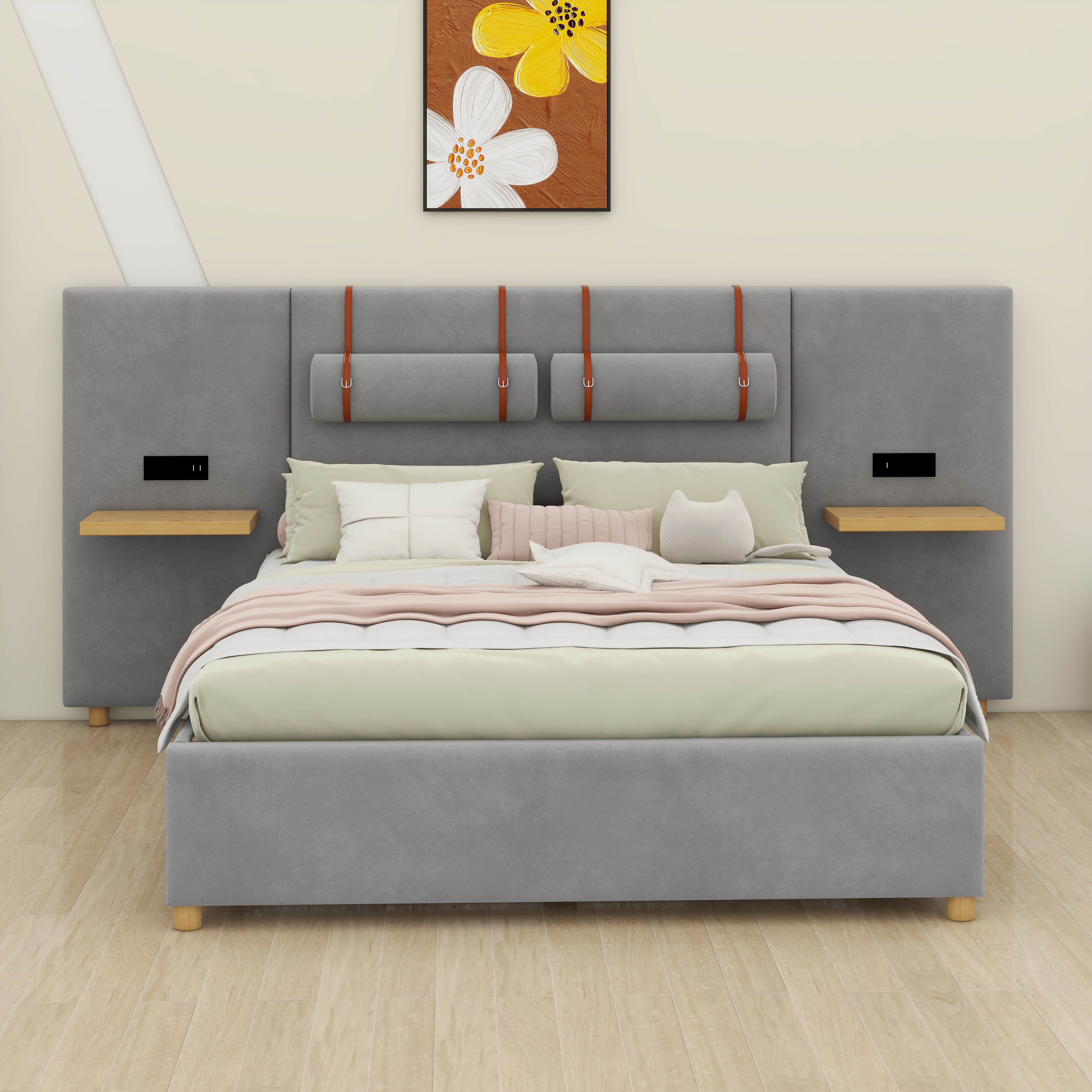 Full size upholstered platform bed with two outlets and USB charging ports on both sides, two bedside pillows, storage shelf, Velvet,Gray