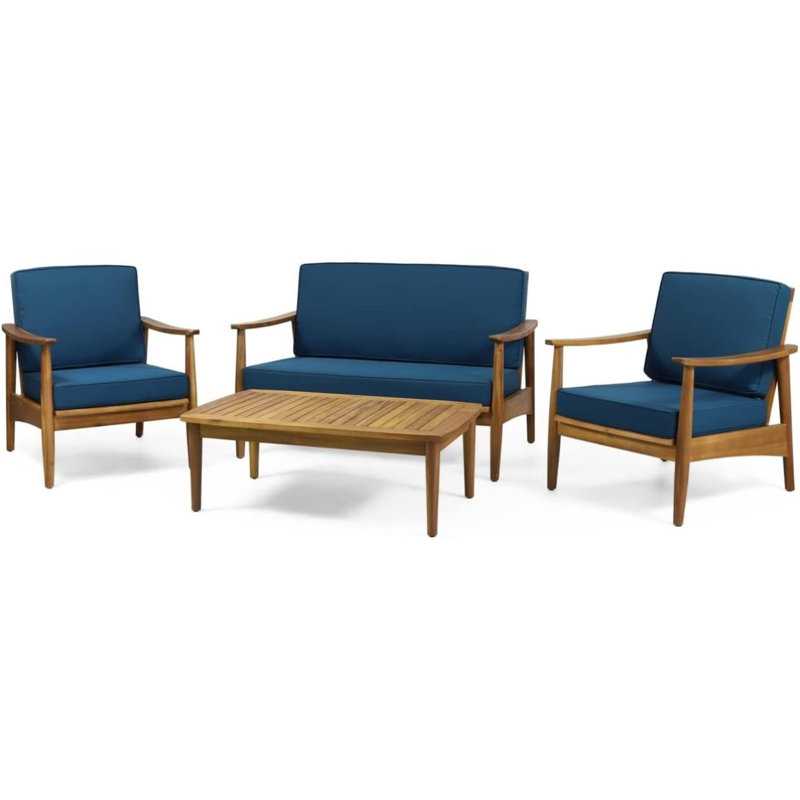 Willowbrook Teak Brown 4-Piece Wood Outdoor Patio Conversation Seating Set With Dark Teal Cushions