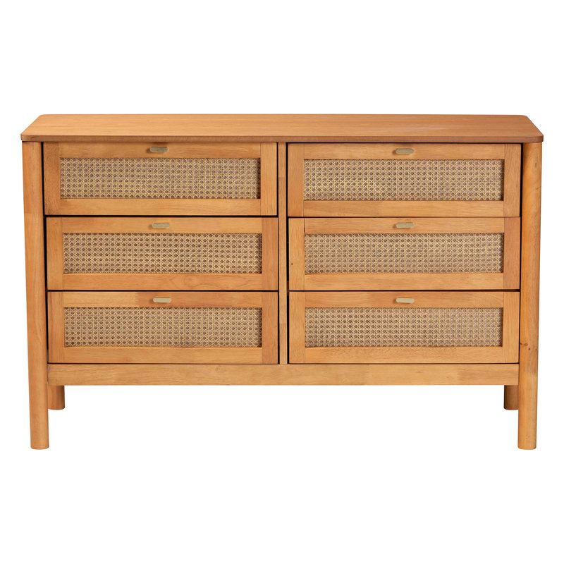 Betzayda Baxton Studio Jenn Golden Brown Wood Japandi 6-Drawer Dresser With Distressed-Finished Rattan