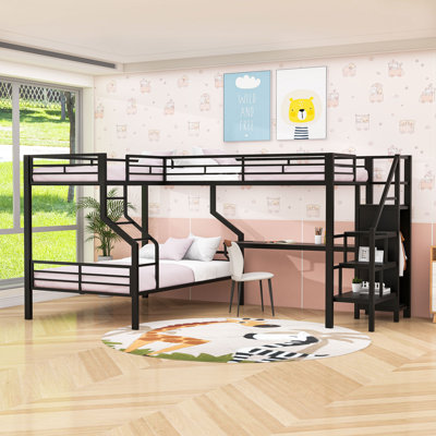 L-shaped bunk bed with Built-in Wardrobe, Desk and USB