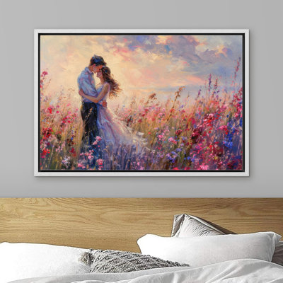 " Romantic Twilight Embracing Couple In Wildflower Meadow "