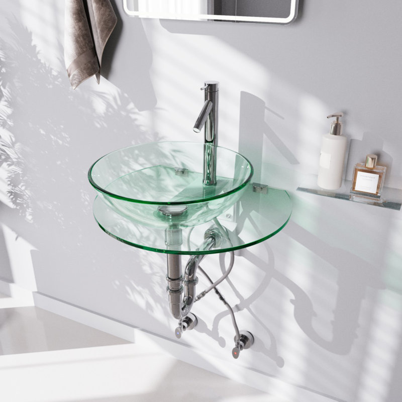 Lavabo de salle de bain mural 28 po en verre avec robinet