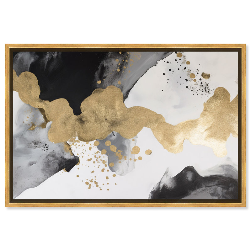 Art abstrait noir et blanc sur toile dorée par Art Remedy, Cadre doré, H 17 po x l 25 po